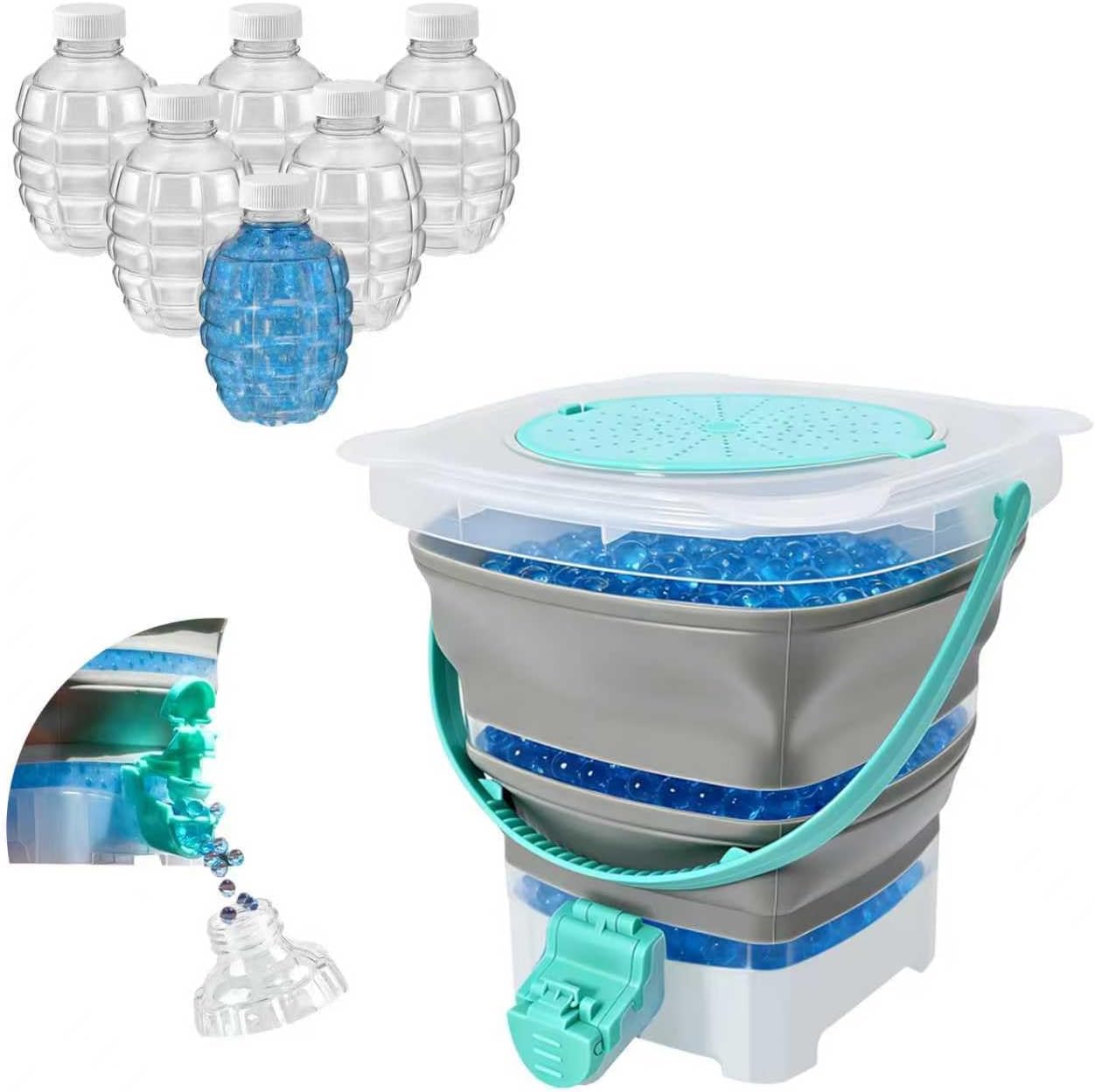 Large Capacity Gel Blaster Ammo Bucket with 6 Pack Gel Ball Bottle,Foldable Hydrogel Blaster Container for Holds 15,000 Hydrogel Balls