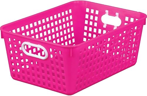 Really Good Stuff Cestas grandes de plástico para libros, 13 x 10 x 5 pulgadas, individual, color rosa, organizador de biblioteca para el aula,