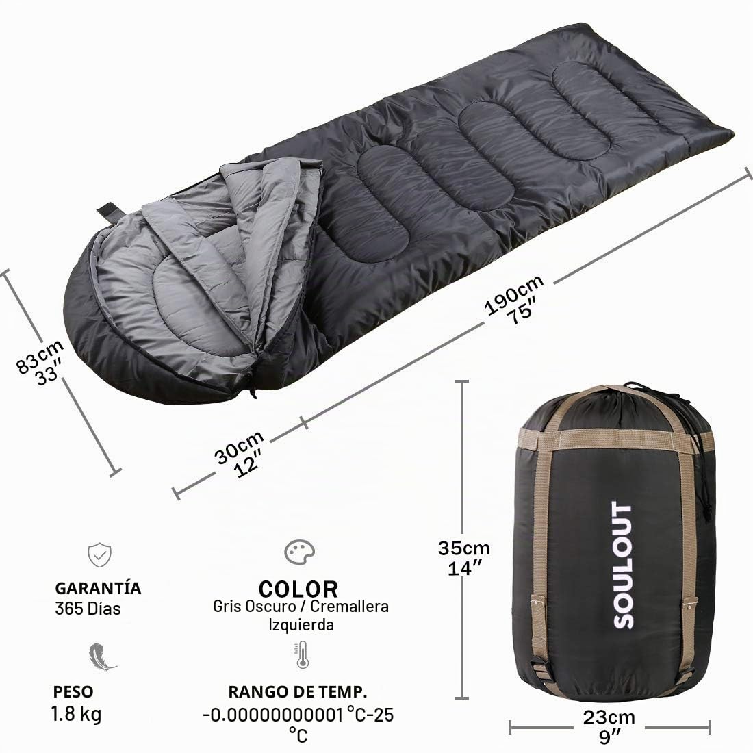 SOULOUT Saco de Dormir para 3 – 4 Estaciones – Saco de Dormir Ligero Impermeable para Camping, Viajes y Actividades al Aire Libre – Ideal para Adultos y niños – 220 x 83 cm