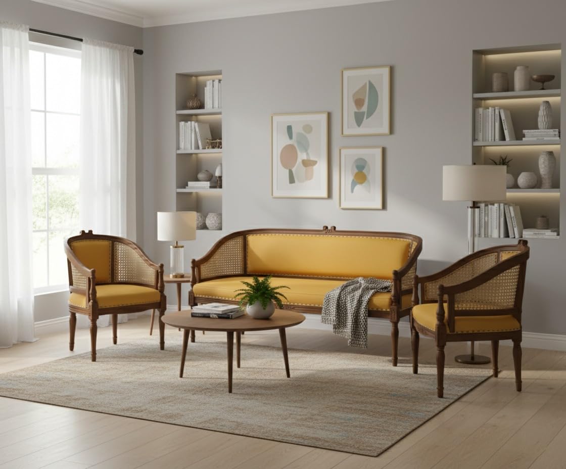 Antique Lott Rose Pattern Antique 3+1+1 Sofa A Mixture of Cane and Teakwood Sofa A 5 Seater Sofa Set with Hand Carved Designs Antique Lott Rose Pattern Antique 3+1+1 Sofa A Mixture of Cane and Teakwood Sofa A 5 Seater Sofa Set with Hand Carved Designs