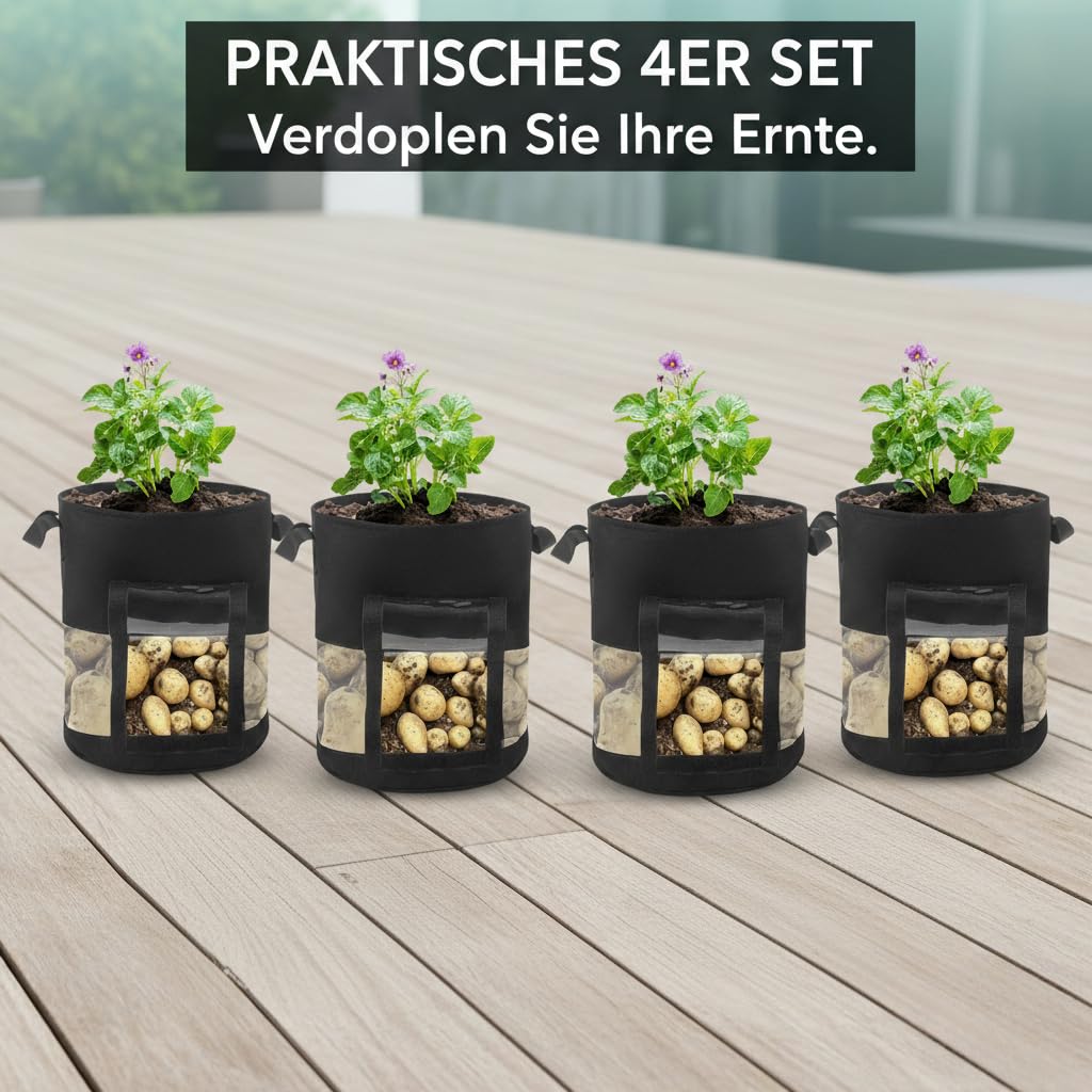 Premium Kartoffel Pflanzsack für effizienten Anbau | 7/10 Gal Vliesstoff-Pflanzbeutel mit Sichtfenster & Tragegriffen | Robuster Stofftopf für Garten & Balkon, Mehrfach verwendbar (4pcs,7 Gallonen)