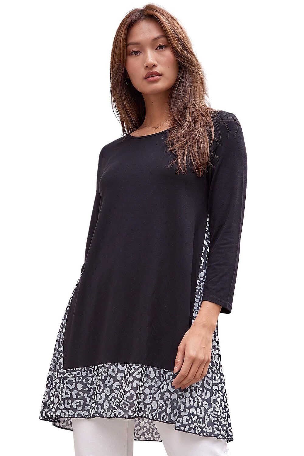Roman Women's Black Animal Print Contrast Mesh Hem Stretch Top In | Size: 18