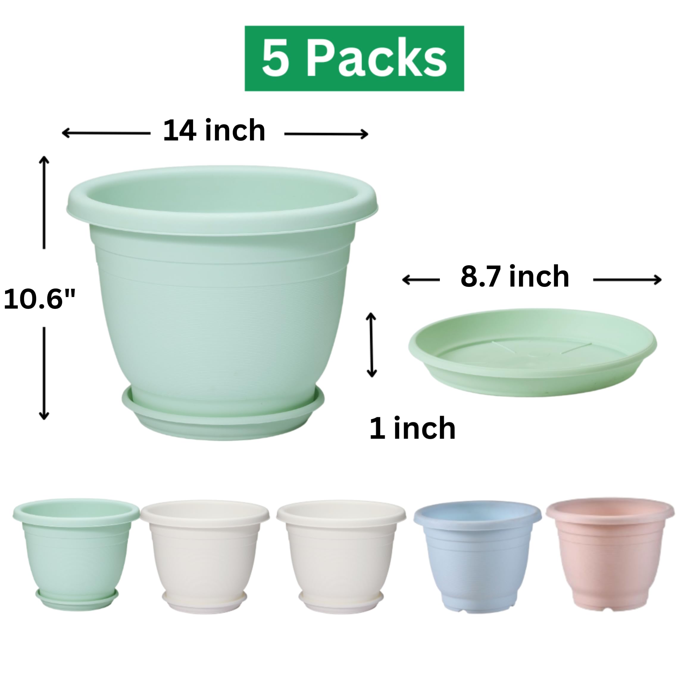 Lot de 5 pots de fleurs en plastique avec soucoupe pour intérieur et extérieur avec trous de drainage - 35,6 cm (coloré, 35,6 cm)