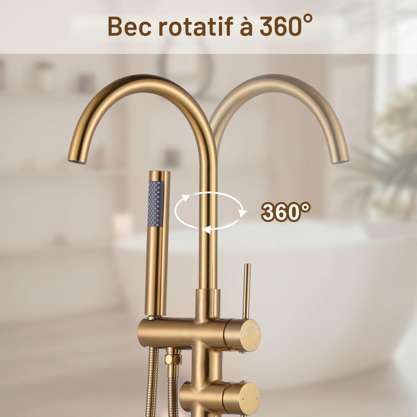 ARCORA Robinet de Baignoire sur Pied, Robinet de Bain avec Douchette et Tuyaux, Bec Pivotant À 360°, Mitigeur Cartouche en Céramique, Douche à Double Mode, pour Baignoires d'Hôtel ou Domestiques, Or