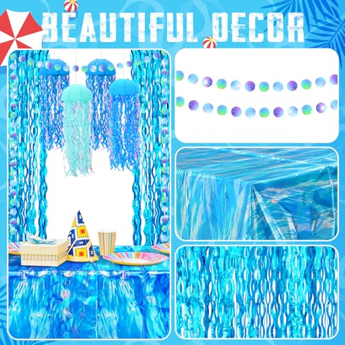 Image of 8 Pcs Under the Sea Party Decorations Ocean Waves Tablecloths Blue Tinsel Foil Fringe Curtain Jellyfish Paper Lanterns Glitter Circle Garland Hanging Banner for Baby Shower Birthday Decor