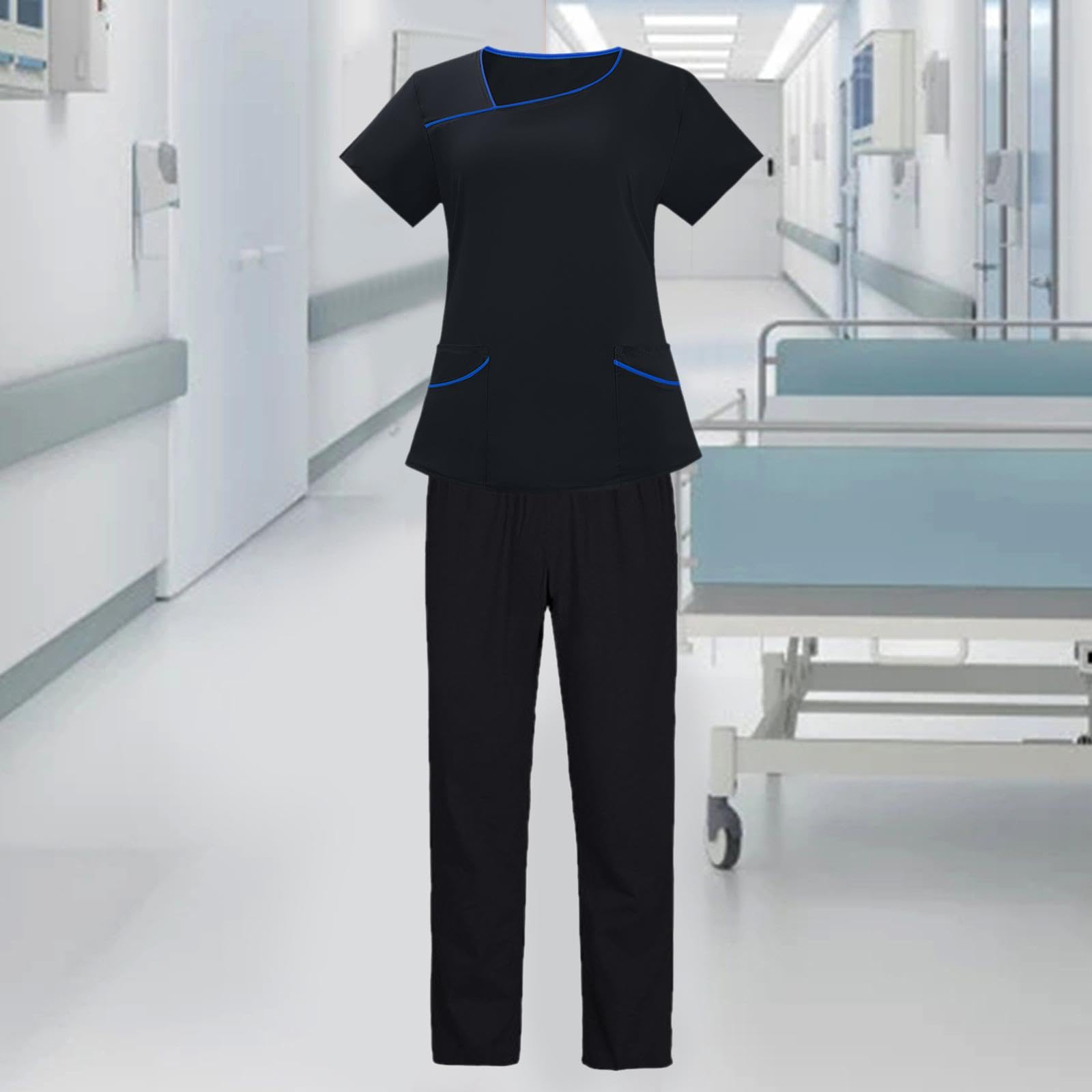 predolo Conjunto de Uniforme Médico para Mujer, Traje de Enfermera Cómodo Y, Ropa de Trabajo Elegante, Pantalón de Uniforme Médico para Mujer, XL Negro