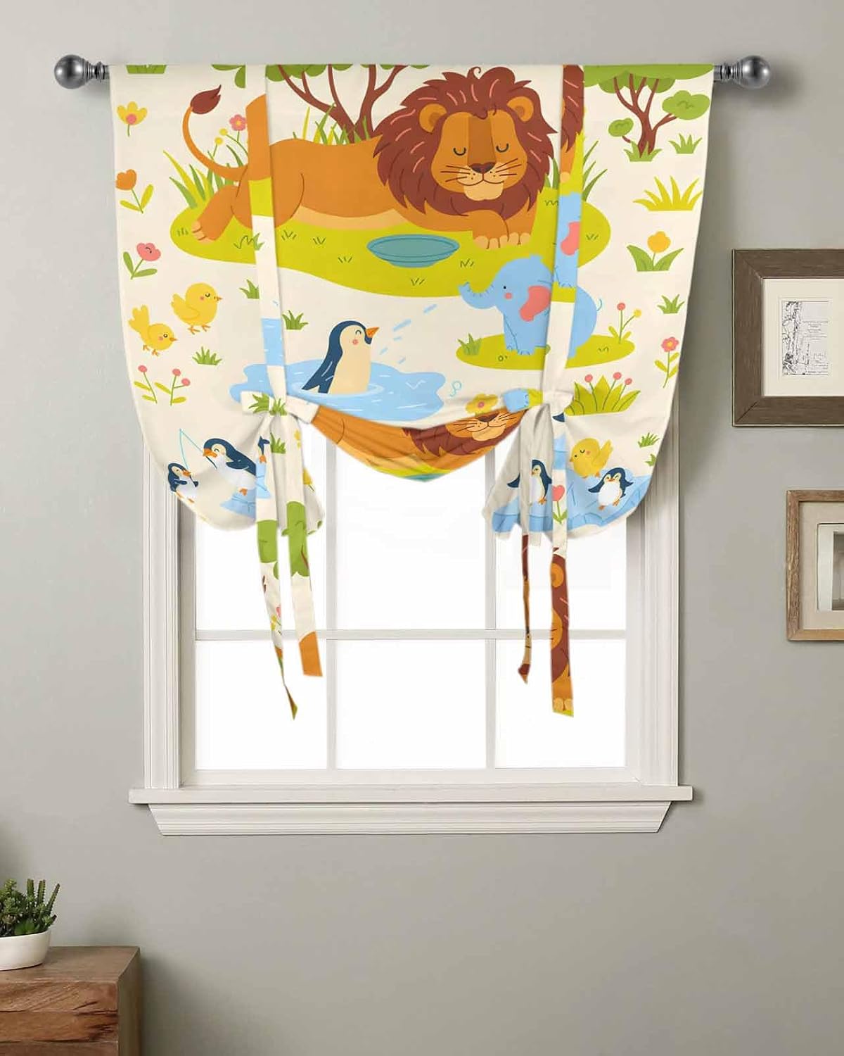 Tie Up Curtains for Windows, Cute Lion Kitchen Curtain Adjustable Balloon Window Shades, Funny Animal Cartoon Modern Valance Curtains for Living Room/Bedroom/Cafe 46"x63"
