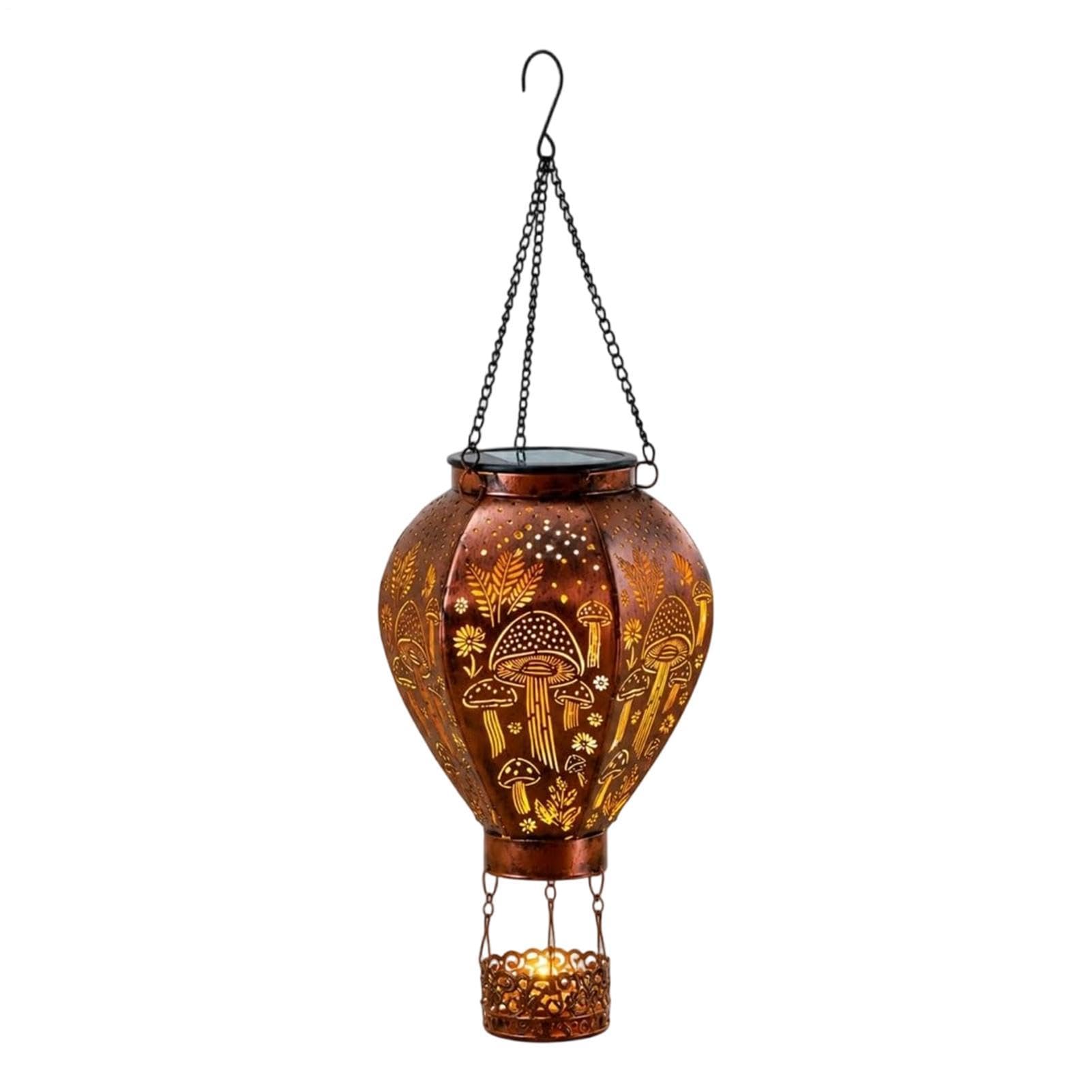 Hot Air Balloon Solar Light Hummingbird and Mushroom Metal Decor