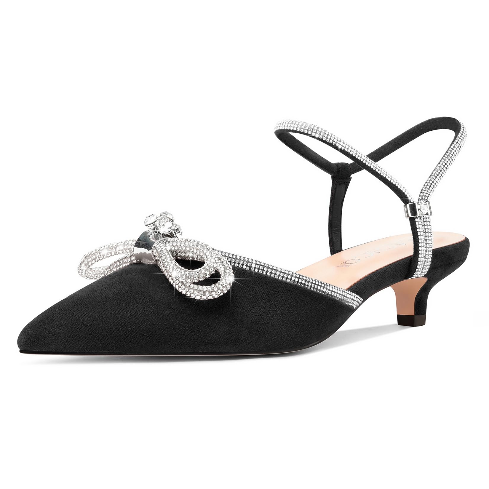 Aachcol Womens Close Toe Rhinestone Bow Kitten Heels Pointed Toe Low Heel Bow Pumps Adjustable Ankle Strap Bridal Prom Wedding Dress Shoes