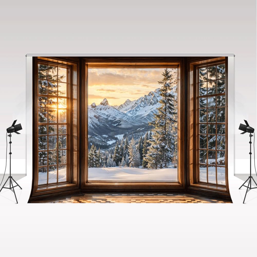 Kate inverno finestra montagna tramonto sfondo per fotografia puntelli 3x2,5 m/10x8 piedi paesaggio naturale neve adulto bambini ritratto sfondo studio