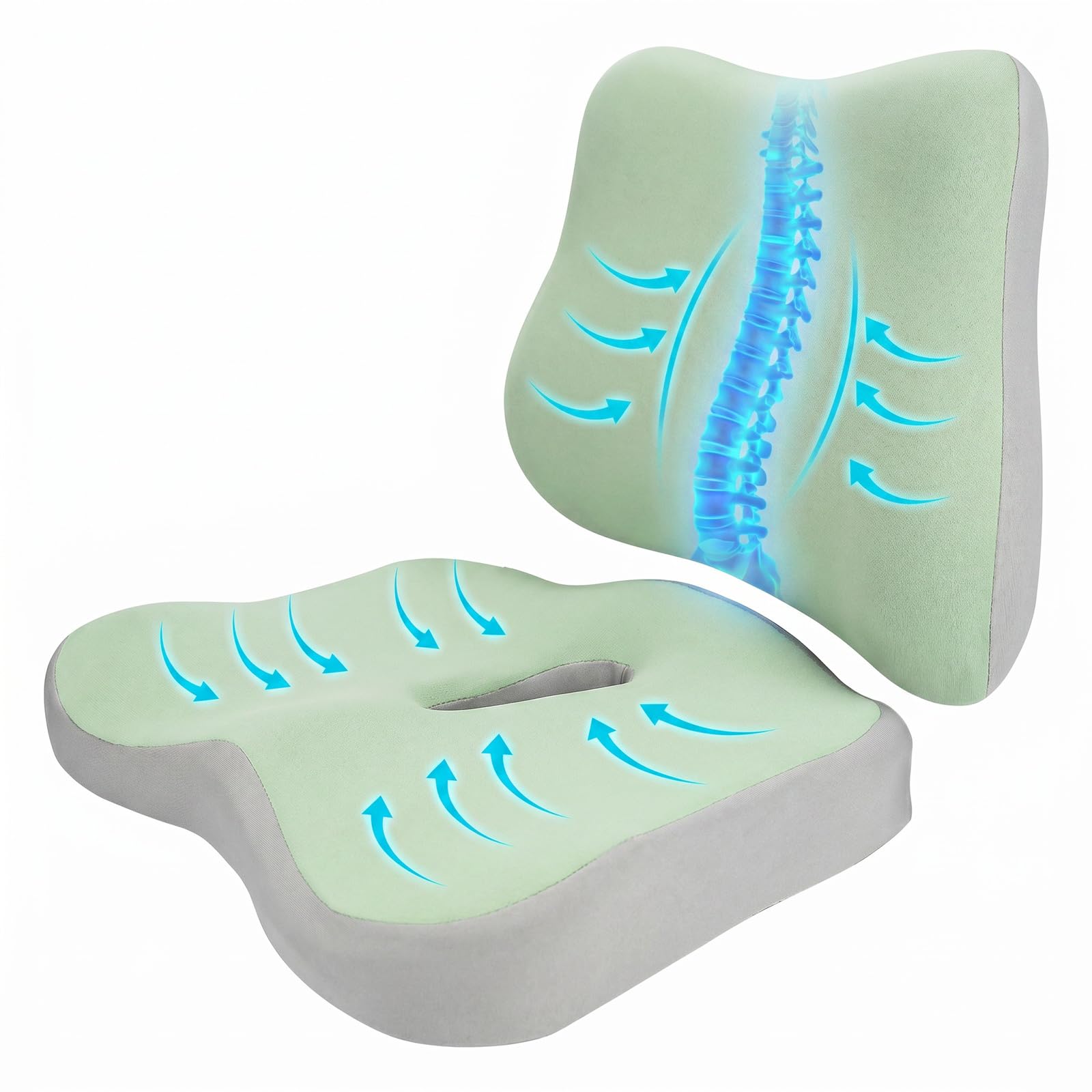 Seat Cushion and Lumbar Support - Memory Foam Chair Cushion and Back Support for Tailbone & Back Pain Relief Ergonomic Coccyx Cushion for Home Office & Wheelchair Car Seat Cushions for Driving, Green