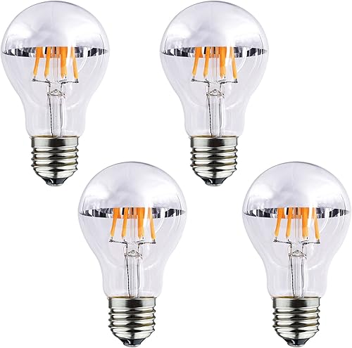 Lxcom Lighting Bombilla LED A19 mitad cromada plateada de 8 W, regulable, bombillas de espejo con punta plateada equivalente a 80 W, blanco cálido