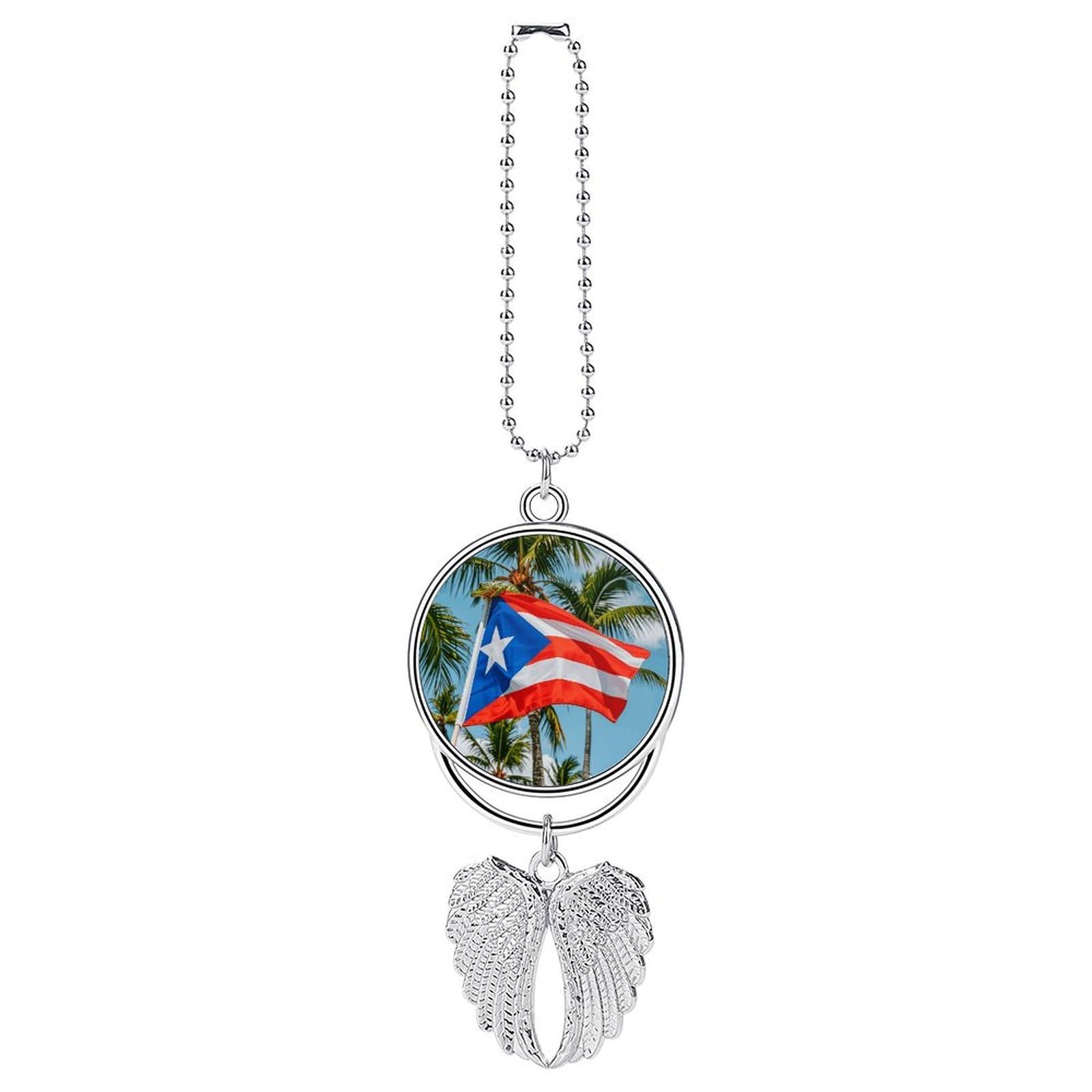 Puerto Rico Flags Frog Palm Trees Guardian Angel Wing Car Ornament for Mirror, Zinc Alloy Hanging Charm with Spiritual Design for Protection, Rearview Mirror Accessory Decor Gift for Women Men(silver)