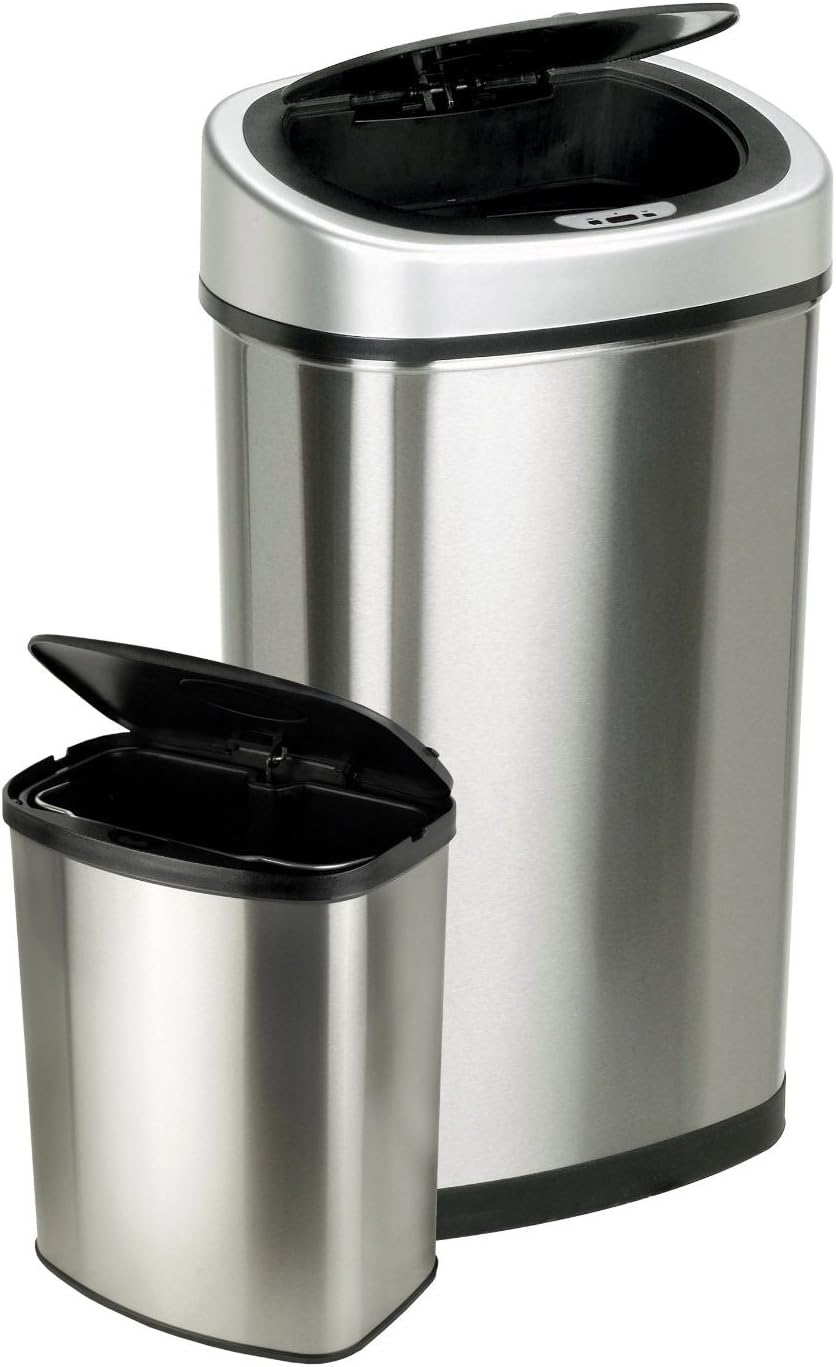 CB-DZT-50-9/8-1 Automatic Touchless Infrared Motion Sensor Trash Can Combo Set, 13 Gal 50L & 2 Gal 8L, Stainless Steel Base (Oval & Rectangular, Silver/Black Lid)