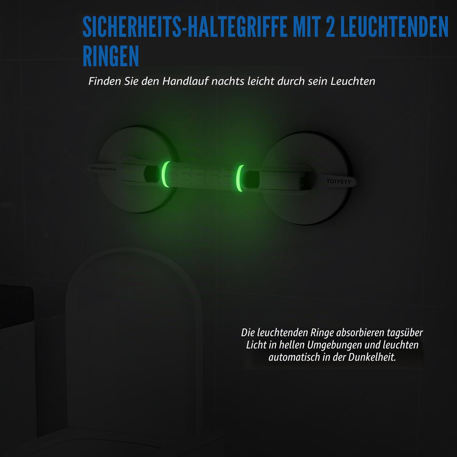 2 Stück Haltegriff mit Saugnapf MAX 120KG Haltegriffe für Senioren 38CM Extra Starker Badewannengriff Ohne Bohren mit Leuchtringen für Bad Badewanne Dusche