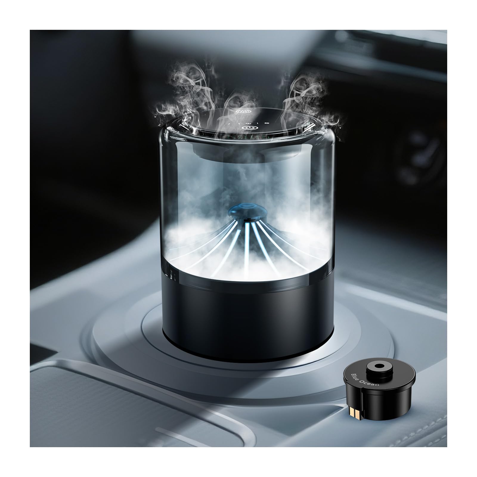 Difusor de Ambientador para Coche con Aroma Blue Ocean de MMOBIEL – Difusor de Coche con 2 Modos de Pulverización, 4 Niveles Intensidad, Encendido/Apagado Automático y Cable – USB/Batería – Sin Llama