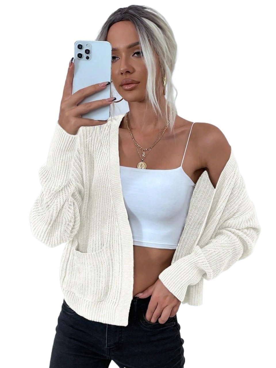 Womens Long Sleeve Open Cardigan Open Front Double Pocket Drop Shoulder Cardigan