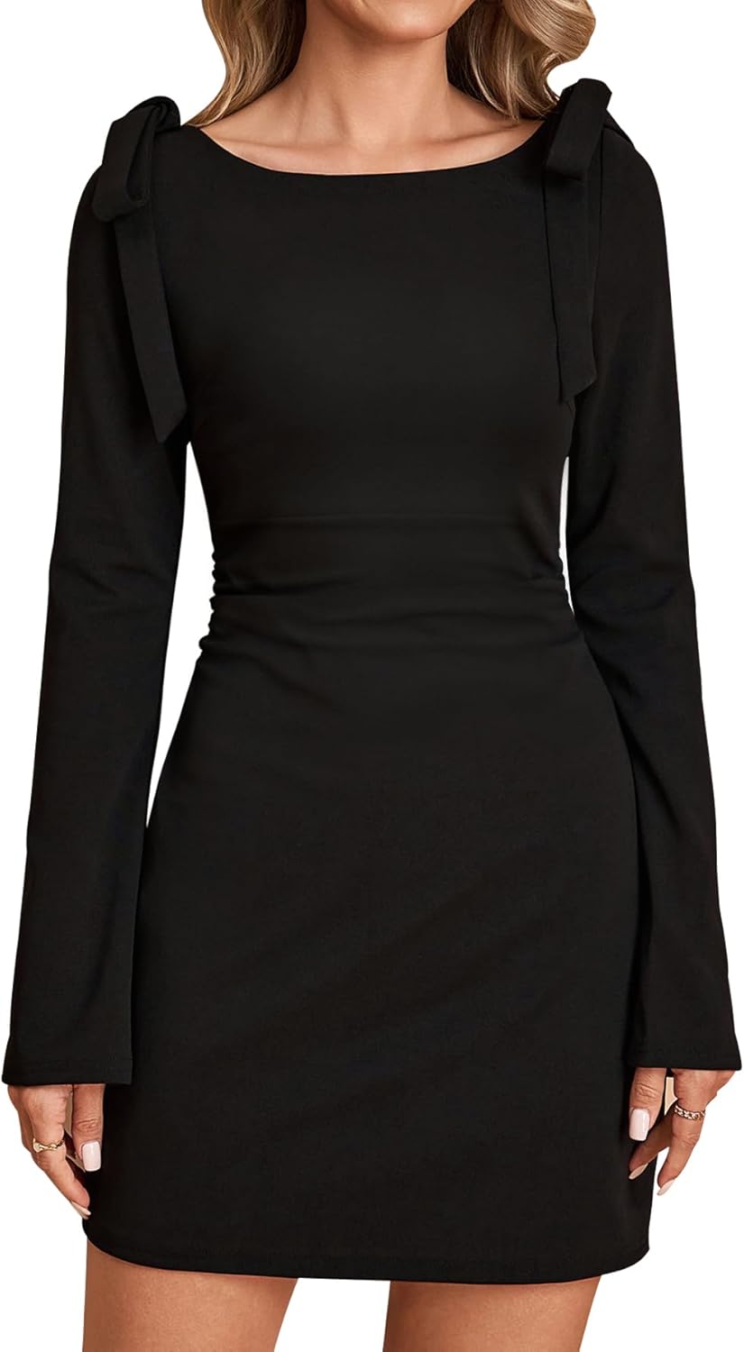 Women's Long Sleeve Mini Dress Boat Neck Tie Shoulder Fall Winter Ruched Elegant Short Cocktail Party Dresses
