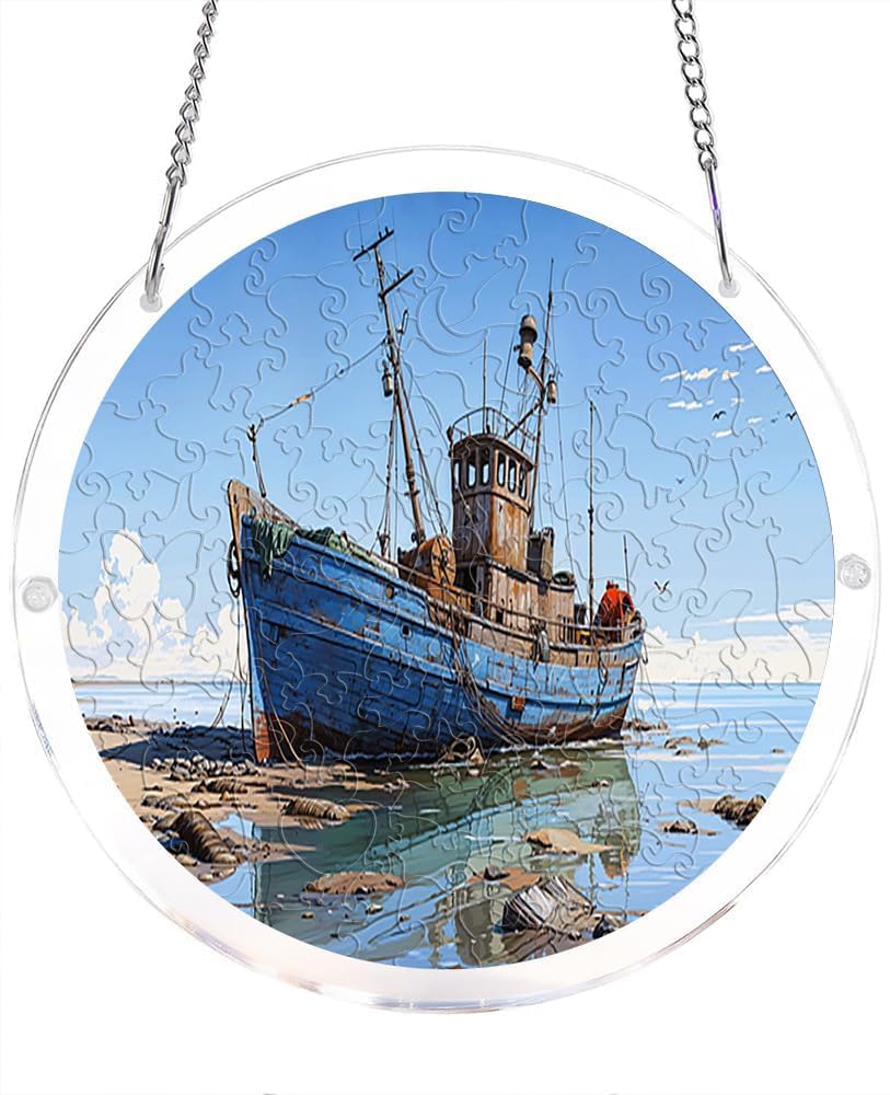 Old Fishing Boat On Shore Nautical Acrylic Jigsaw Puzzles Suncatcher, 8.2 Inch Window Hanging Suncatcher Acrylic Puzzle, DIY Home Decor Art Gift