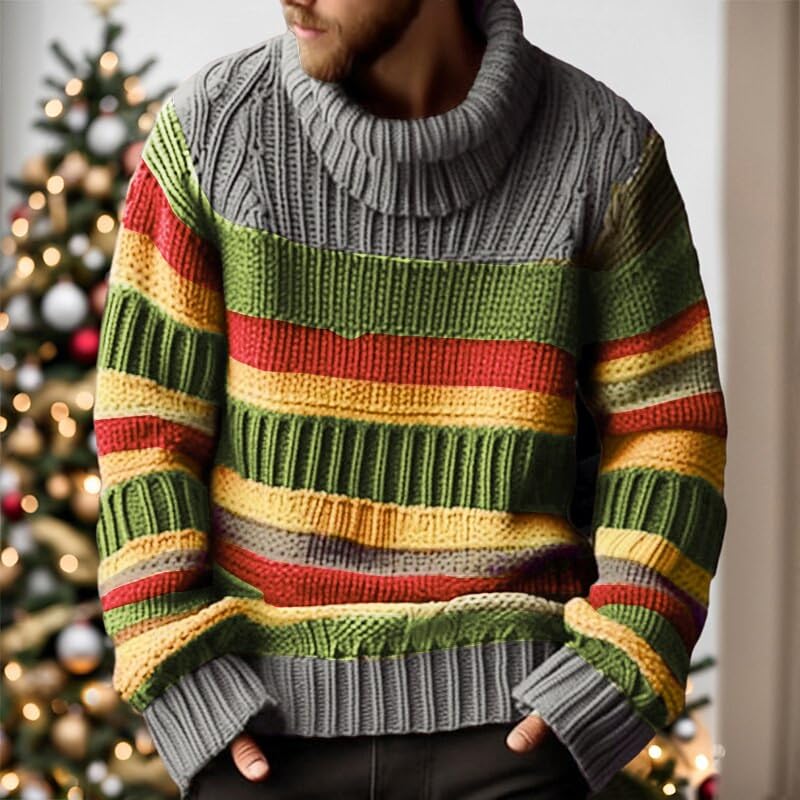 Mens Oversized Turtleneck Sweaters Cable Knitted Winter Warm Thicken Twisted Knitwear Fashion Striped Color Block Jumper4