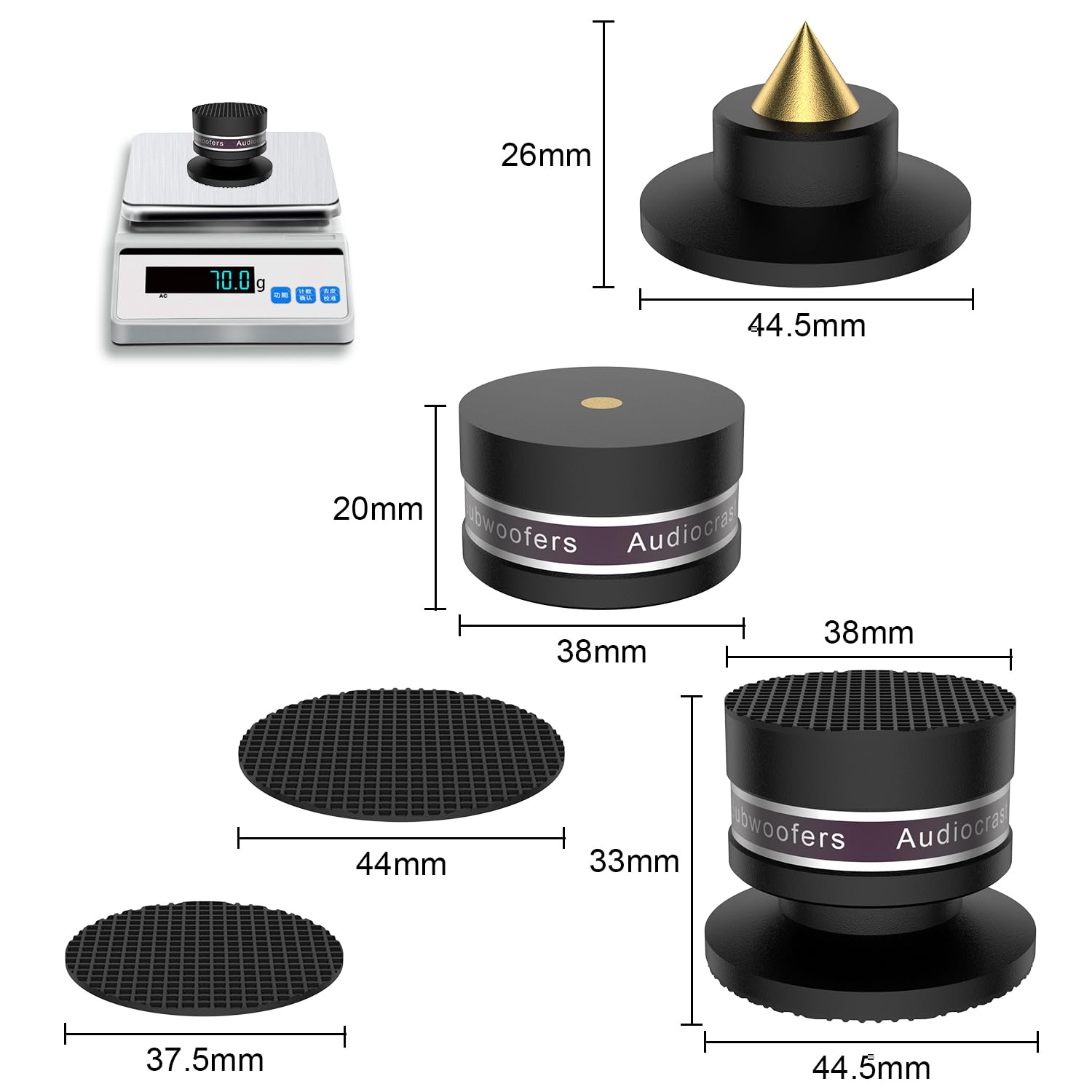Lot de 4 haut-parleurs en aluminium - Pieds - Réglable en hauteur avec rondelle - Absorbeur de chocs - Pour haut-parleurs, appareils Hi-Fi, caisson de basses et CD DAC - Noir
