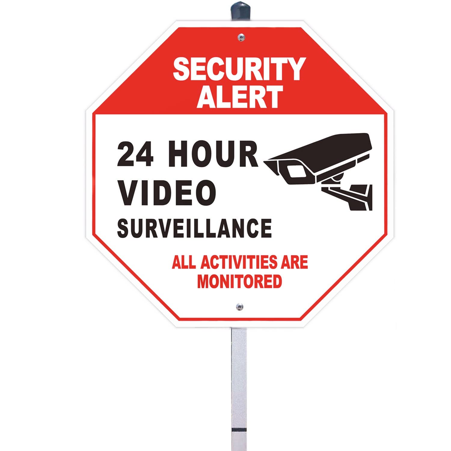 HEIOKEY 24 Hour Video Surveillance Sign with Stake, 10 x 10 All Activities are Monitored Warning Sign with 28 Inches Post, Aluminum Yard Signs for Security Alert, Security Camera Sign Outdoor (Red)