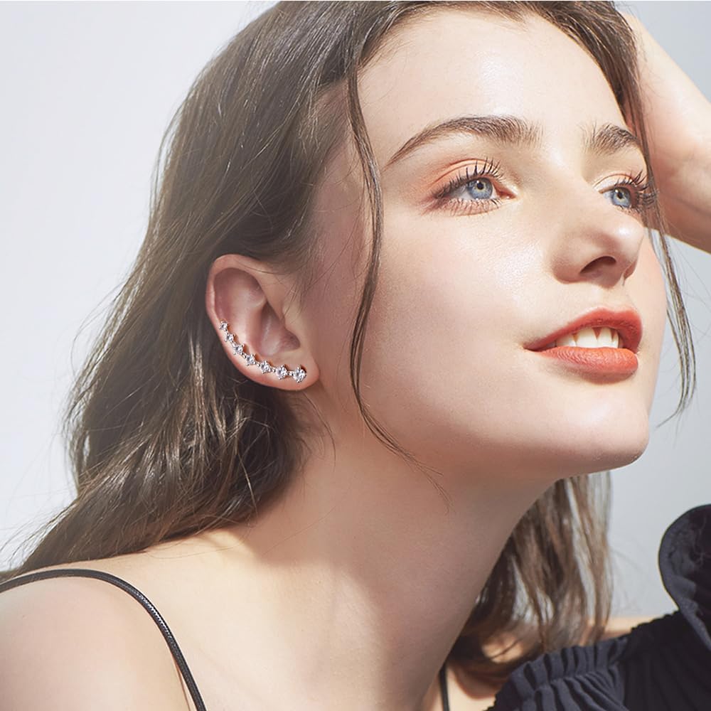 7 Crystals Ear Cuffs Stud Climbers Earrings S925 Sterling Silver Hypoallergenic Arete