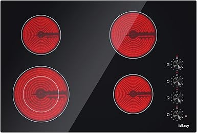 Electric Cooktop 30 inch Ceramic Stove 4 Burners Built-in Electric Stove Top 11 Power Levels/Control by Knob/220-240V 6700W Stove Top Burners Satin Glass Cooktop