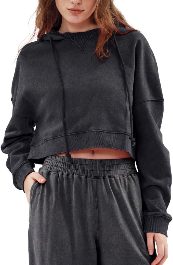 Amazhiyu Women's Aicd Washed Cropped Hoodie Long Sleeve Oversized Fit Sweatshirt - Image 3
