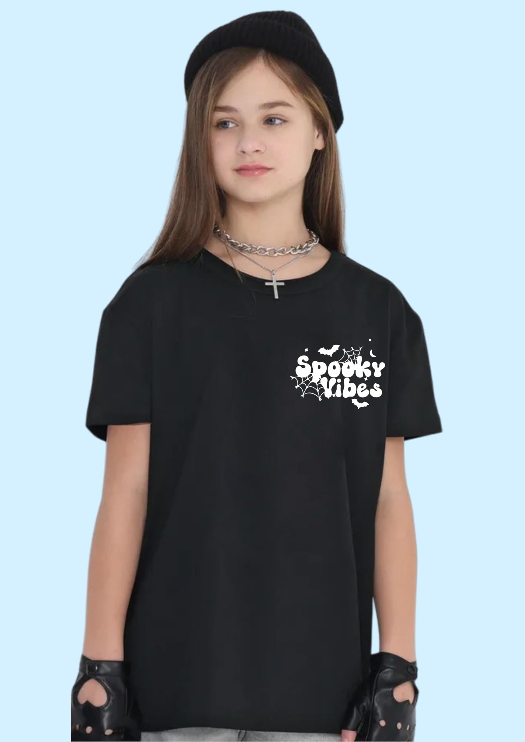 Uniplanet Store Camiseta negra de mezcla de algodón, media manga, ajuste regular, espalda espeluznante, estampada, color negro