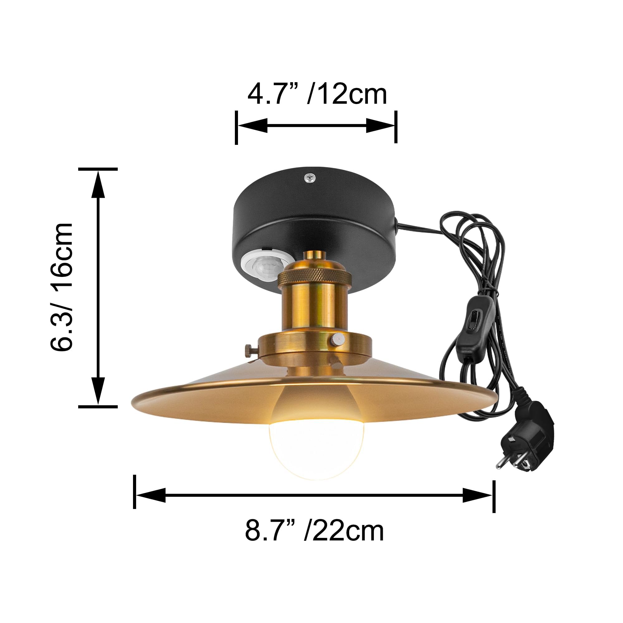 Plafoniera con sensore di movimento interno, lampada da soffitto in ferro industriale, sensore di movimento radar con cavo da 4,5 m e portalampada E27, per corridoio, bagno, scale, garage