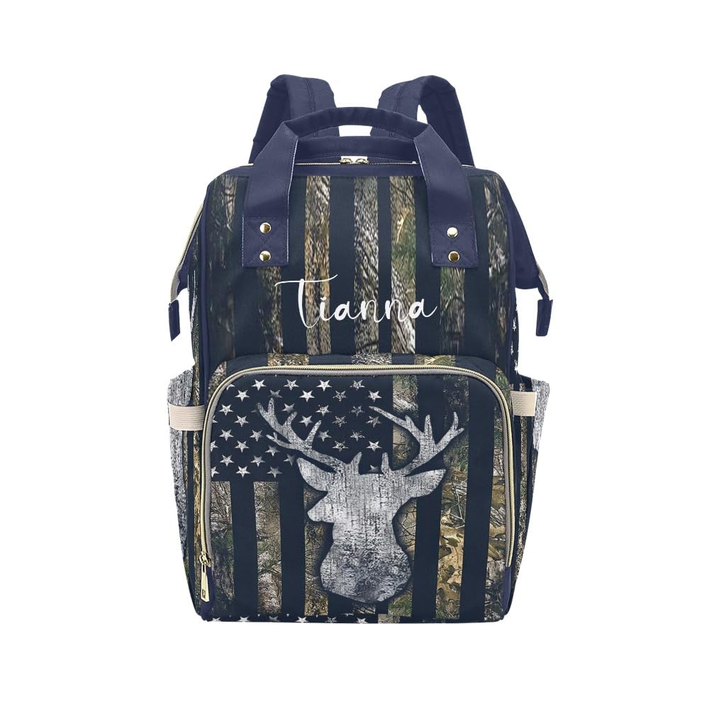 XOZOTY American Flag Camo Deer Blue Diaper Bags with Name Waterproof Mummy Backpack Nappy Nursing Baby Bags Gifts Tote Bag for Women