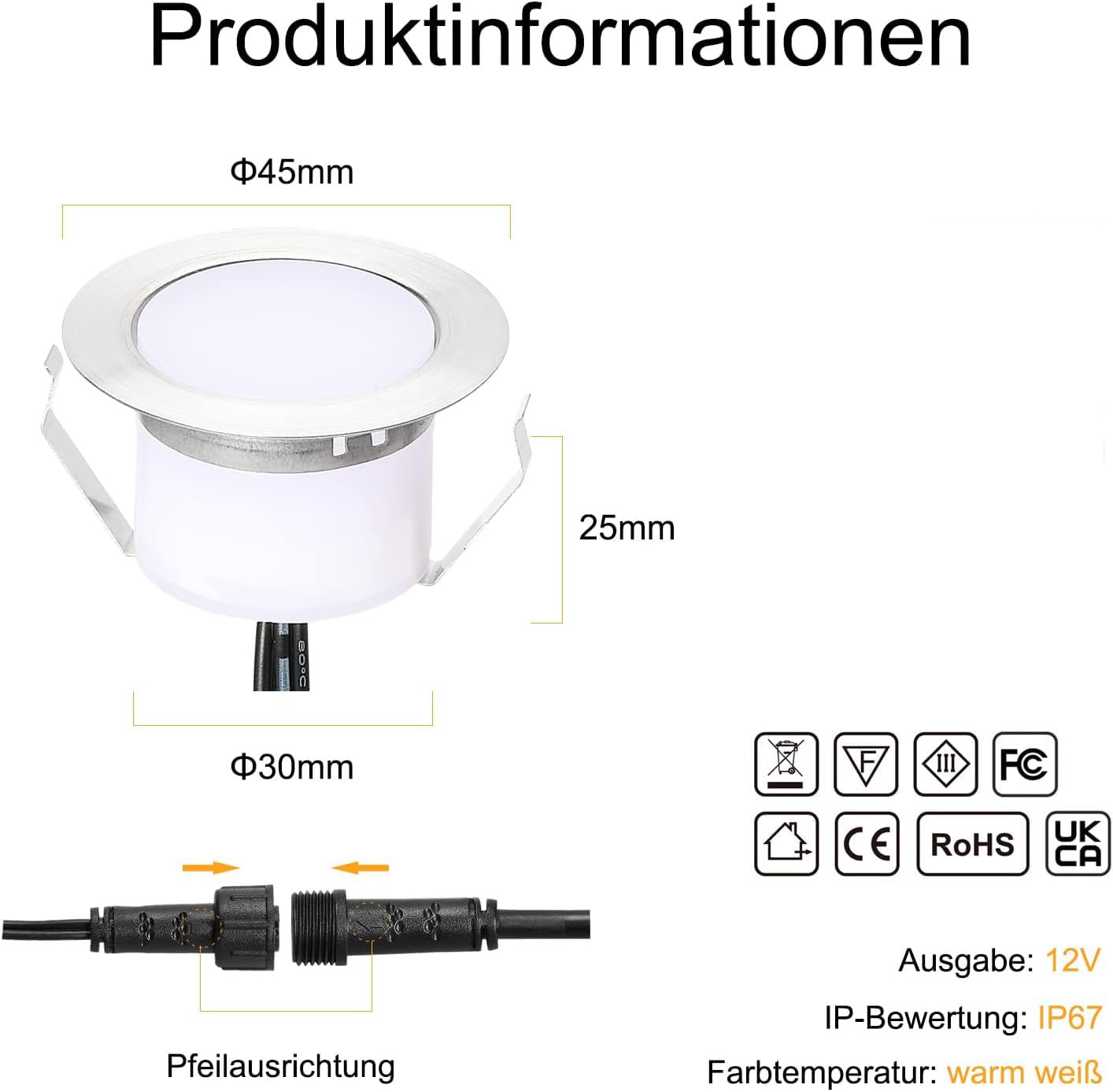 10er Set LED Bodeneinbaustrahler Außen IP67 Wasserdicht 12V 1W Edelstahl, Warmweiß 2800-3200K Terrassenbeleuchtung Bodenleuchten für Garten Terrasse Treppen Auffahrt [Inkl. Netzteil]