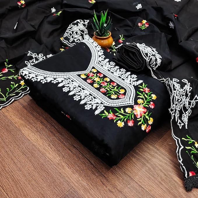 Women's Chanderi Cotton Embroidery Work Unstitched Salwar Suit, Women's Dress Material With Chanderi Dupatta