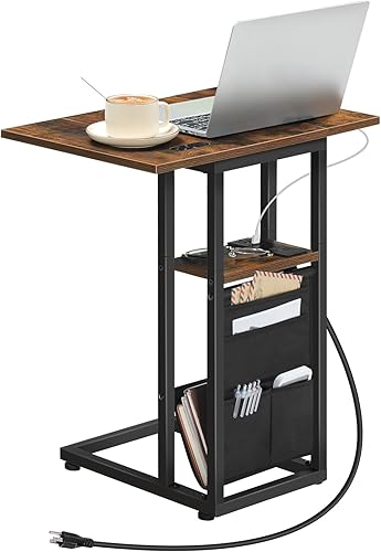 Miniatura 9 de HOOBRO Mesa auxiliar en forma de C con estación de carga, mesa auxiliar plegable con bolsa de tela, mesa de sofá, mesa de café, mesa de aperitivos