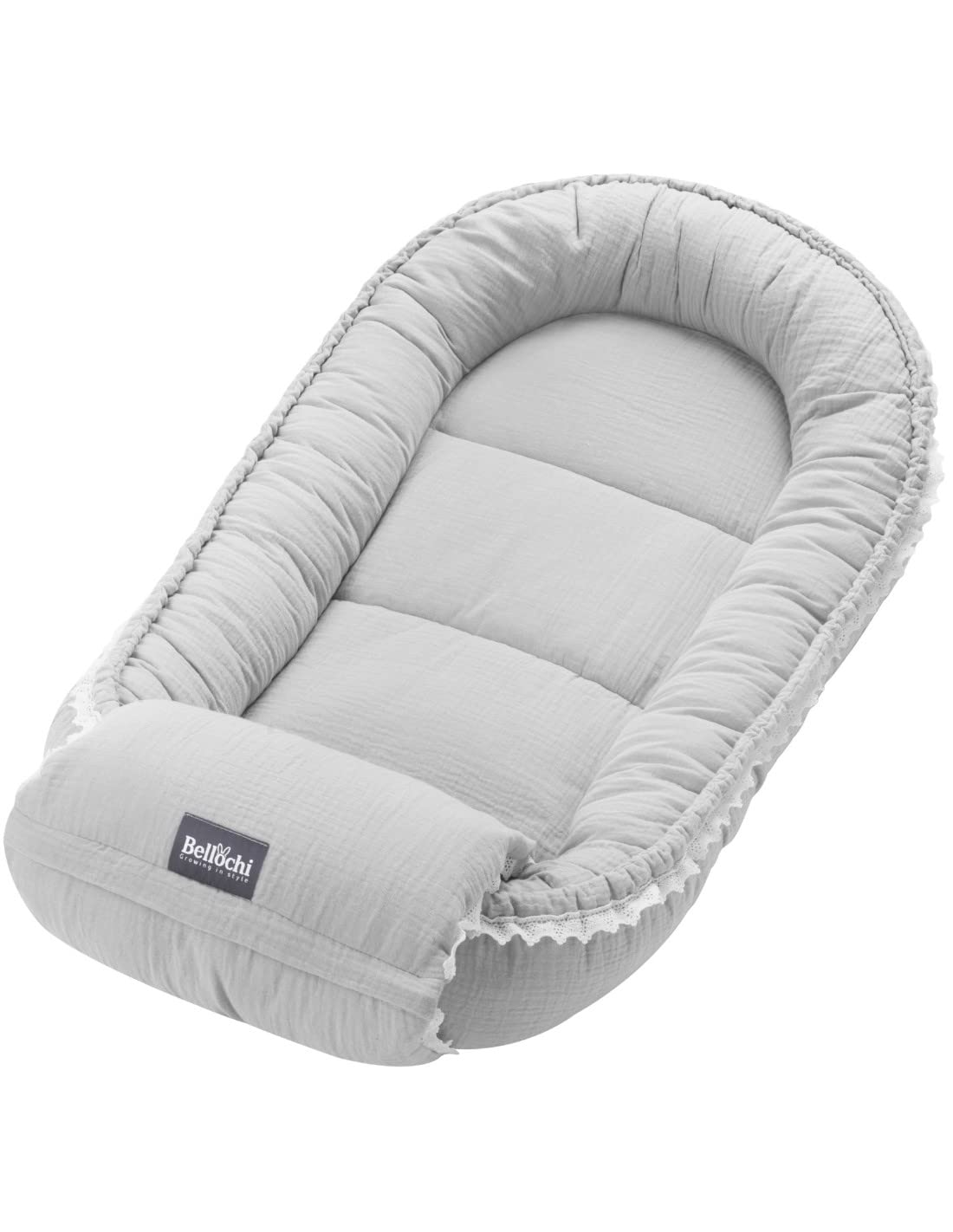 Bellochi Riduttore Lettino per Neonato Riduttore per Culla con Cuscino per Braccio - Mussola - Cuscino Riduttore Cocoon a Baby - Baby Nest - 90 x 60 cm - Cuddly Muslin Grey