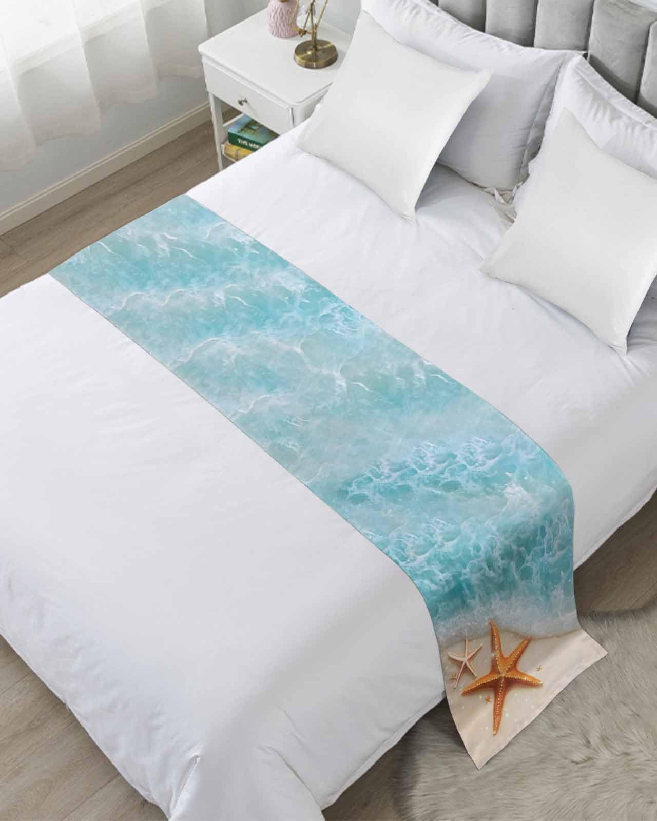 Twin Bed Runner Ocean Starfish Summer Beach Bedding Runner Scarves Decorative Bed Scarf, Teal Gradient Sea Water Soft Bedding Scarf for Bedroom Hotel Wedding 71x20in