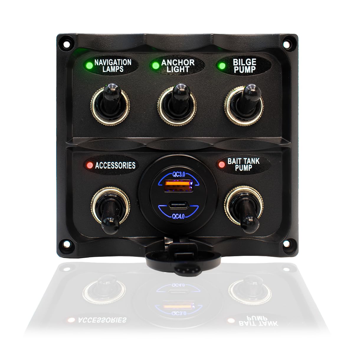 Panneau de commutateurs à bascule étanche IP67 – 5 voies – avec Chargeur Double USB 60W – 12/24V – pour bateau, voilier, yacht, annexe, jetski | BAYWATT (TSP5WU)