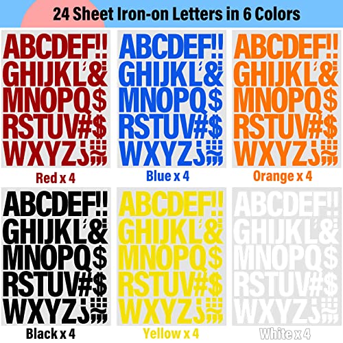 24 Sheets 1056 Pieces Iron On Letters For Clothing, 2 Inch 6 Colors Heat Transfer Vinyl Patches Pu Alphabets Sticker T-Shirt Printing Diy Crafts Decorations (Black, White, Yellow, Red, Blue, Orange) #TOP1