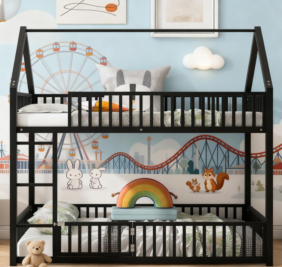 Image of Bellemave Metal Bunk beds Twin Over Twin, House Floor bunk Bed with guardrail and Door for Kids,Black