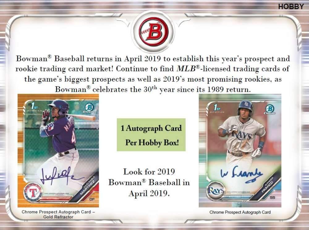 2019 Bowman Baseball Hobby Box (24 Packs/10 Cards: 1 Autograph)