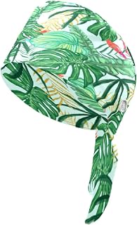Working Caps with Button, Adjustable Sweatband Scrub Cap Tie Back Tropical Leaves Working Hats for Women Men