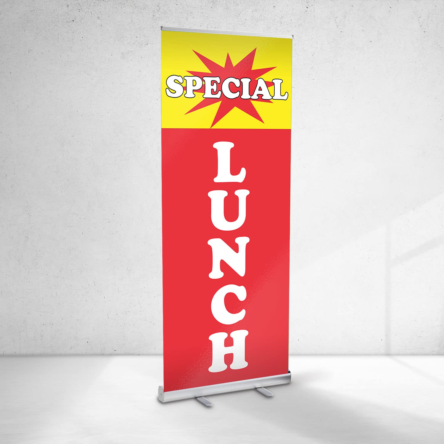 BANNER BUZZ MAKE IT VISIBLE Special Lunch Retractable Roll Up Banner Adjustable Stand - Vertical Sign Holder for Indoor-Outdoor Store Events with Carrying Bag (48" x 96")