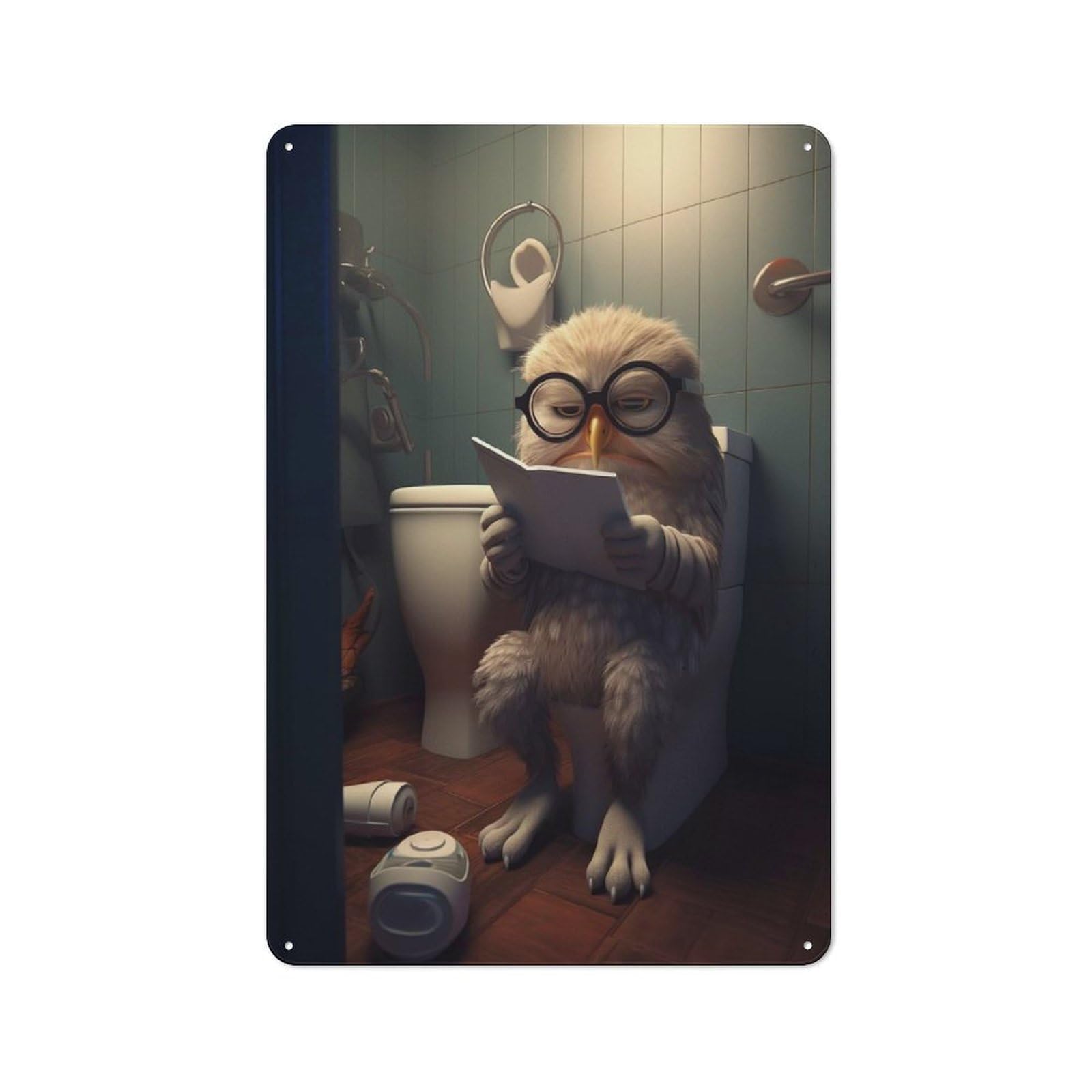 Metal Sign 30x20cm with Owl Reading on Toilet for Pub Or Café, Vintage Decor, for Metal Sign Collectors, for Garage And Workshop Walls