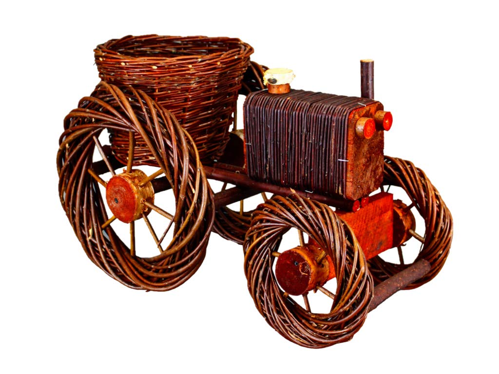 Panier à Fleurs en Osier Forme Tracteur – Panier à Plantes – Support Pot de Fleurs – Décoration Jardin – Foncé, 51 x 28 x 28 cm, Ø 25 cm
