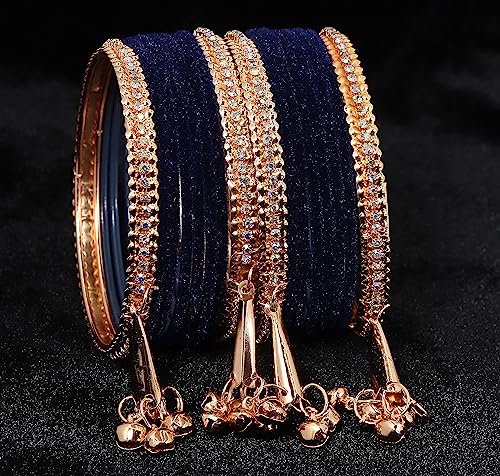 Image of NMII Metal with Zircon Gemstone and Velvet Studded Bells Latkan Bangles Set For Girls and Women I Latkan Bangles, Premium Bangle Bracelet Set I Pack of 16 Bangles
