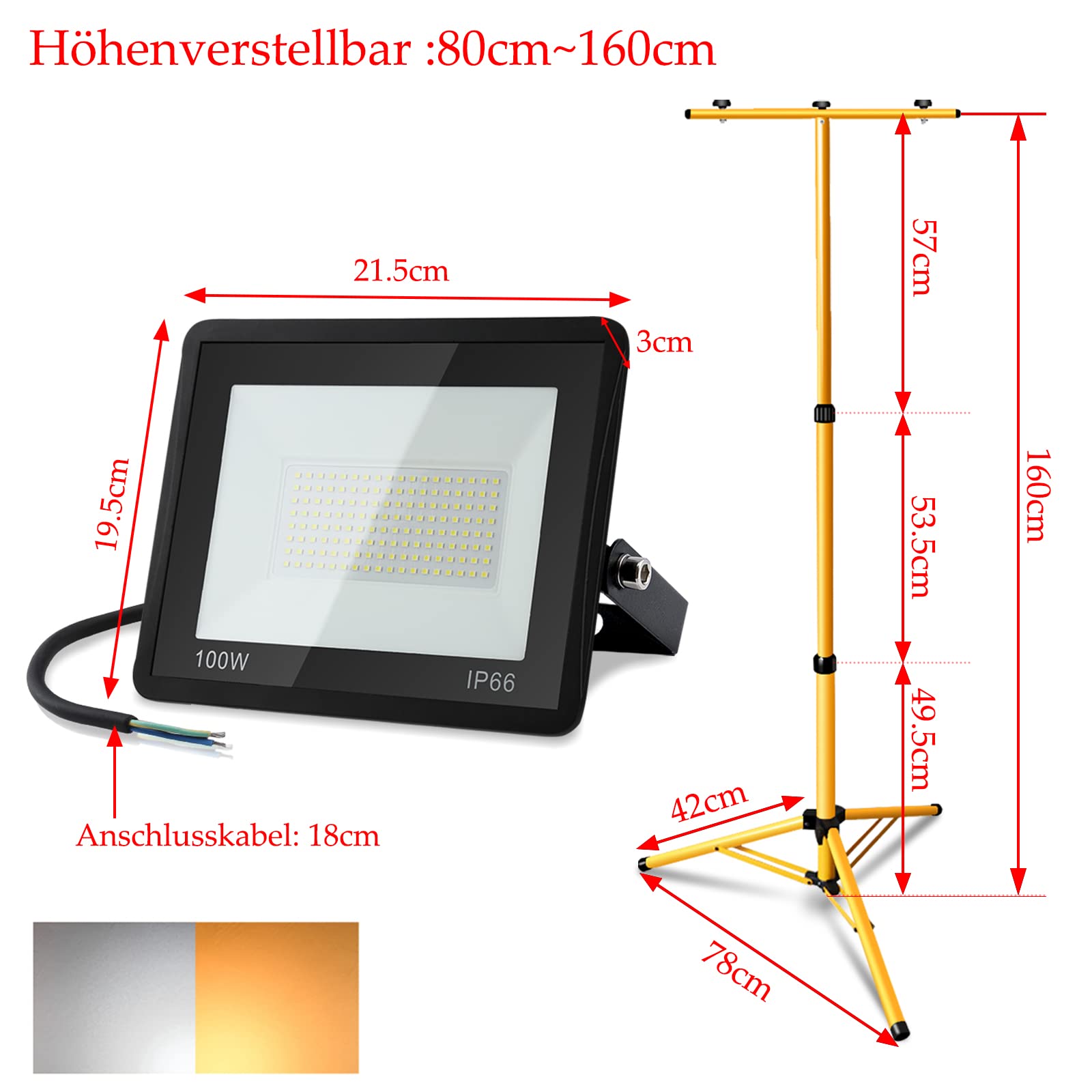 Foco LED para exteriores con trípode, 2 x 100 W, IP66, resistente al agua, 6000 K, blanco frío, 8500 lm, luz de trabajo para obras, garaje, altura regulable (80 cm hasta 160 cm)
