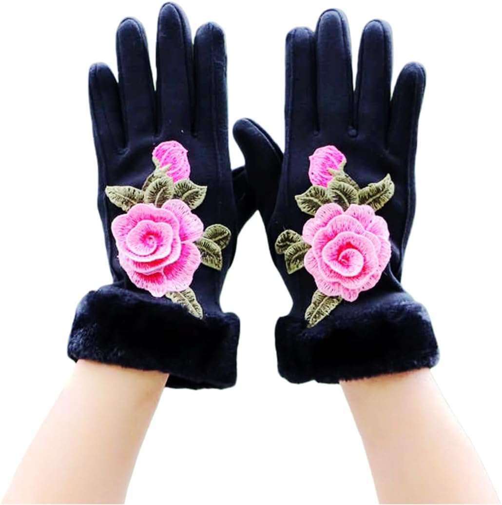 Specell Women Winter Warm Gloves Embroidered Flowers Fleece Lining Touchscreen Fingertips Mittens Windproof for Cold Weather