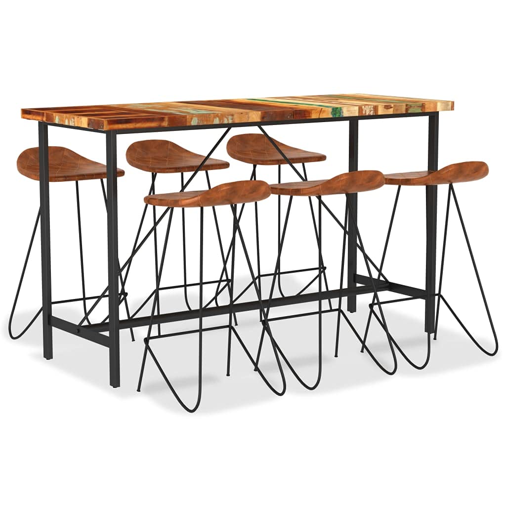 7-TLG. Juego de bar de madera vieja y piel auténtica con mesa de 180 x 70 x 107 cm, 6 sillas de bar con funda de piel de cabra, patas de acero, estilo industrial, para cocina, comedor, salón