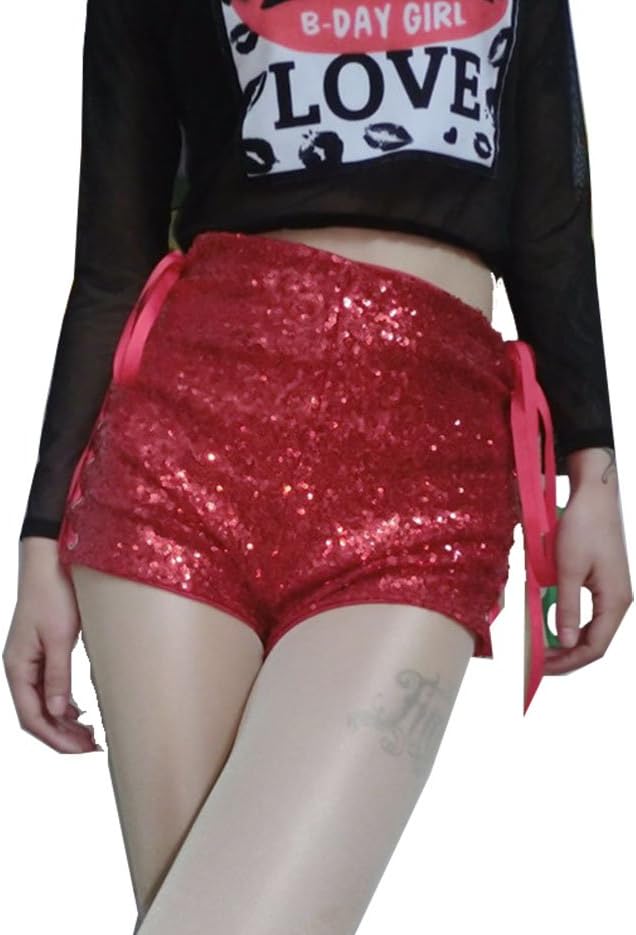 Livedeal Women Sexy Mini Sequined Nightclub Shorts Hot Pants Red X-large